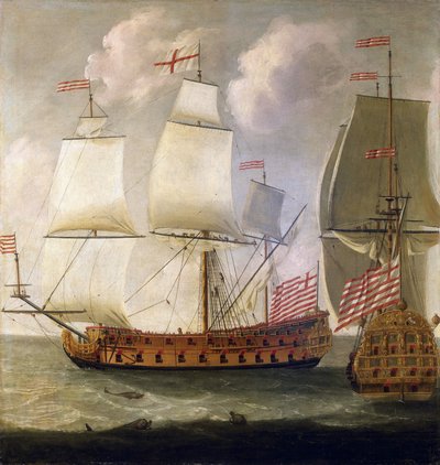 Dvojí popis ozbrojené lodi "Indiaman" z doby anglického krále Viléma III (1650-1702) z Východoindické společnosti. od Isaac Sailmaker