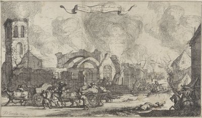 Francouzské jednotky pochodují, rabují a střílejí přes ruiny vesnice Nigtevecht, 1672 Série třinácti snímků vesnic a hradů v provincii Utrecht zničených Francouzi v roce 1672 (název série) od Isaac Sorious