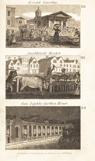 Obchody v Regency England: Covent Garden, Smithfield Market a gaslights na Carlton House od Isaac Taylor