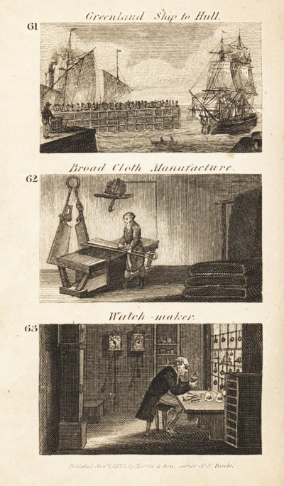 Obchody v Regency England: Grónská loď do Hullu, výroba širokých látek a hodinář od Isaac Taylor