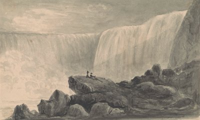 Pohled na Niagarské vodopády se dvěma postavami sedícími na popředí Rock Center od Isaac Weld
