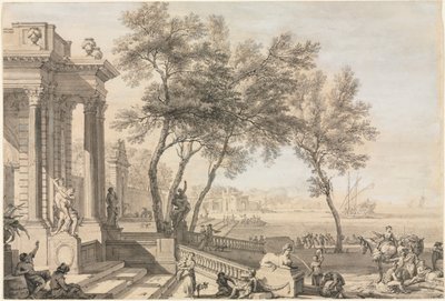 Fantastická přístavní scéna s architekturou a postavami od Isaac de Moucheron