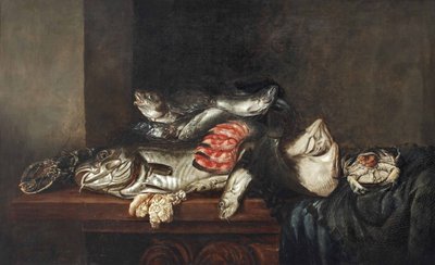 Humr, treska, platýs, losos, krab, mušle a další ryby v proutěném koši se síťkou na částečně zakrytém stole. od Isaac van Duynen