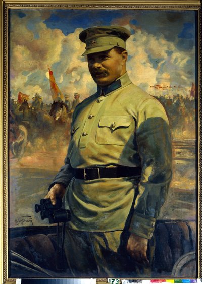 Portrét bolševického vůdce Michaila Vasiljeviče Frunzeho (1885-1925). (Portrét bolševického vůdce M. V. Frunzeho). Obraz Isaaka Izraileviče Brodského (Brodského) (1884-1939), olej na plátně od Isaak Israilevich Brodsky