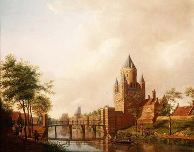 Pohled na Kleine Houtpoort (Malá brána) v Haarlemu s Grote Houtpoort (Velká brána) v pozadí od Isaac Ouwater