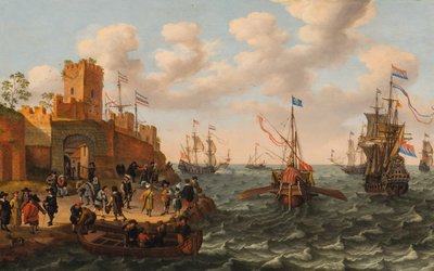 Holandský třímistr a papežská galéra s další lodní dopravou podél pobřeží opevněného města, kolem roku 1662 (olej na panelu) od Isaak Willaerts