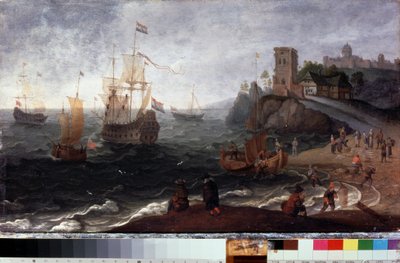 Rybí trh na pláži (rybí trh na pobřeží). Obraz Isaaca Willaertse (1620-1693). Olej na dřevě, 35,5 x 67 cm, kolem 1640. Nizozemské umění 17. století. Státní muzeum historie a umění, Serpukhov (Rusko). od Isaak Willaerts
