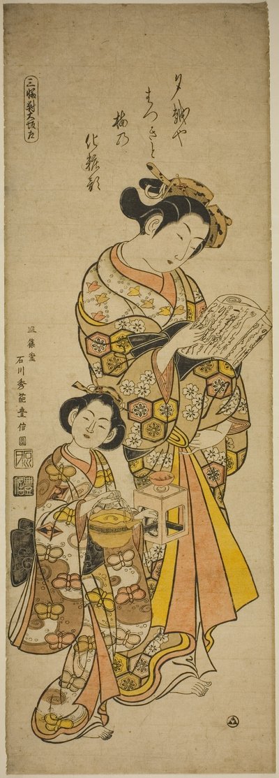 Kurtizána z Ósaky a její sluha, levý list triptychu o krásách tří hlavních měst (Sanpukutsui Osaka hidari) od Ishikawa Toyonobu