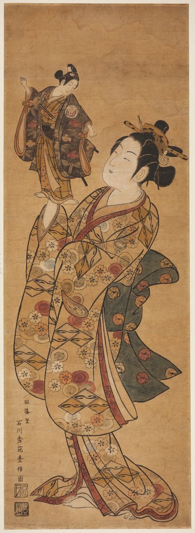 Čaj ac a r Onoe poslouchání goro hodnost Sanogawa Ichimatsu hodnost od Ishikawa Toyonobu