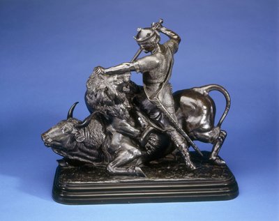 Král zabíjející lva útočícího na býka, kolem roku 1874 (černá patina bronz) od Isidore Jules Bonheur