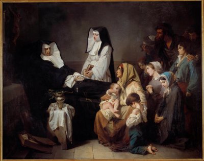 Smrt charitativní sestry U těla jeptišky se shromažďují chudé rodiny. Obraz Isidora Alexandra Augustina Pilse (1813-1875) 1850 Ne. 2,43x3,08 m Paříž, musee d