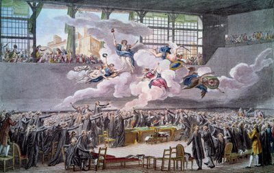 Francouzská revoluce: “” Le oath du jeu de Paume le 20 juin 1789”” Zástupci přísahají, že se neoddělí, dokud nebude opravena ústava. Rytina Isidora Helmana (1743-1809) 1789 Paříž, B.N. od Isidore Stanislas Helman