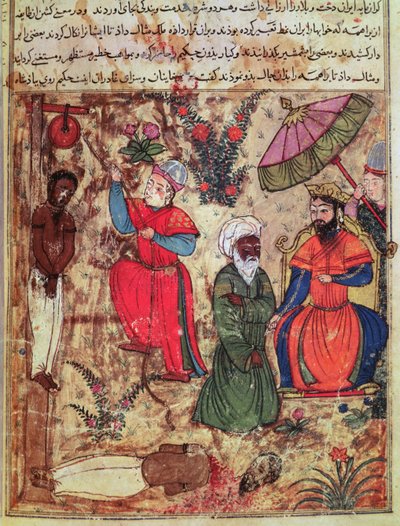 Fol.100 Sultán ukazující spravedlnost, z "Knihy o Kalilahovi a Dimně" (tuš a neprůhledný akvarel na papíře) od Islamic School