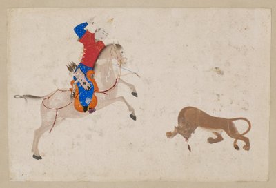 Jezdec zabíjející lva, z Buchary nebo Tabrízu, Uzbekistán (barva a zlato na papíře) od Islamic School