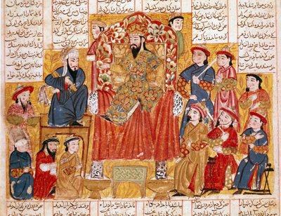 Islámské umění: „“Sultán a jeho dvůr““ perská miniatura z rukopisu epické básně „“ Shahnameh““ (Shah Nama, Shahnama) (Kniha králů) od Ferdowsiho (Firdawsi, nebo Ferdawsi, nebo Firdousi, ca. 940-kolem 1020) Kolem 1330 muzeum Topkapi, Istanbul od Islamic School