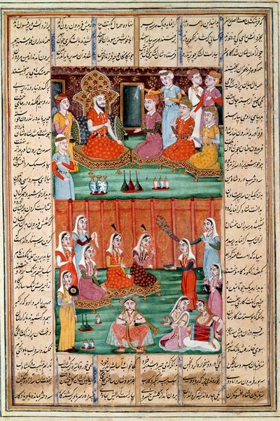 Islámské umění: „Sňatek tří dcer Sera, krále Jemenu““ Perská miniatura z rukopisu epické básně „“ Shahnameh““ (Shah Nama, Shahnama) (Kniha králů) od Ferdowsiho (Firdawsi nebo Ferdawsiho nebo Firdousi, cca 940-kolem 1020) (ms. 60 od Islamic School