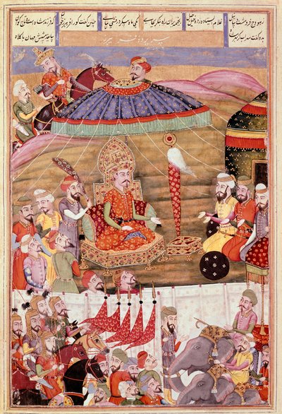 Islámské umění: „“ Sohrab (Saarab) se znovu dívá na Roustamův stan“““ Perská miniatura z rukopisu epické básně „“ Shahnameh““ (Shah Nama, Shahnama) (Kniha králů) od Ferdowsiho (Firdawsi, popř. Ferdawsi, nebo Firdousi, asi 940-kolem 1020) (ms. 607) od Islamic School