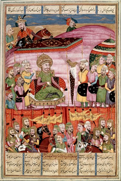 Islámské umění: „“ Sohrab (Saarab) stojí u stanu Roustam“““ Perská miniatura z rukopisu epické básně „“ Shahnameh““ (Shah Nama, Shahnama) (Kniha králů) od Ferdowsiho (Firdawsi nebo Ferdawsiho nebo Firdousi, asi 940-kolem 1020) (ms. 607) Lly, od Islamic School