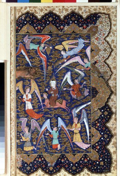 ""Prorok Muhammad (Mohammed nebo Muhammad) (570-632) (zakrytá tvář) během Mirac, jeho výstup do sedmého nebe na svém koni Al - Bouraq (Burak) (Al - Buraq)"" Akvarel na pergamenu. 16. století. Muzeum Ermitáž, Petrohrad od Islamic School