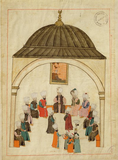 Paní cicogna 1971, miniatura z „Memory Turchese“ zobrazující císařský sál v paláci Topkapi, Konstantinopol, kolem roku 1580 od Islamic School