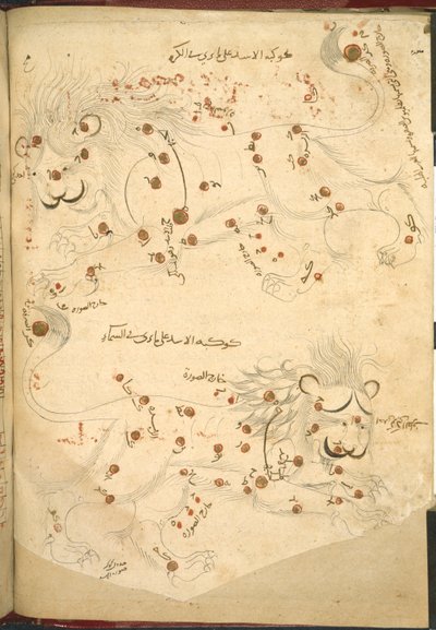 Nebo 5323 f.45v Dva lvi, ilustrace z „Popis stálých hvězd“, od Abd al-Rahman al-Sufi (inkoust a barva na papíře) od Islamic School