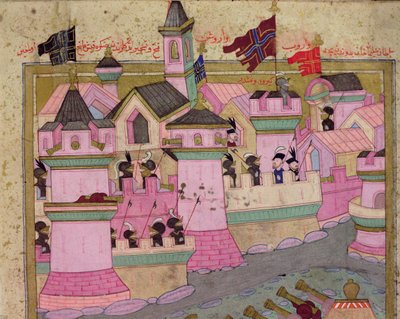 TSM H.1524 Obléhání Vídně od Suleymana I. (1494-1566) Velkolepého, v roce 1529, z „Hunername“ od Lokmana, detail Vídně, 1588 od Islamic School