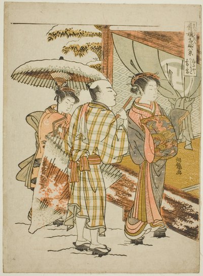 Karauta of the Ogiya in Evening Snow (Ogiya Karauta bosetsu), ze série „Osm pohledů na slavné krásky z požitkářských čtvrtí (Seiro meifu hakkei)“ od Isoda Koryusai