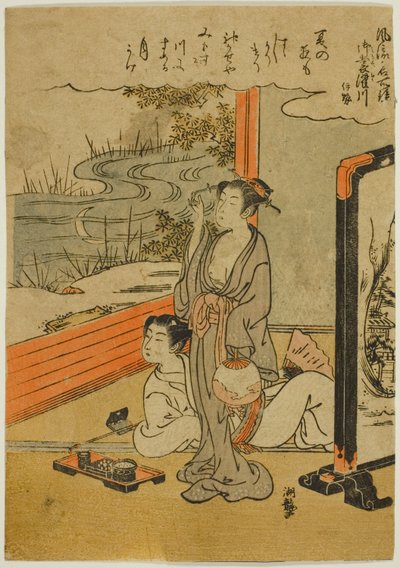 Řeka Mimosuso v provincii Ise (Mimosusogawa, Ise), ze série "Módní zrcadla slavných míst (Furyu meisho kagami)" od Isoda Koryusai