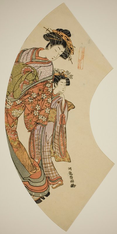 Kurtizána Hanaogi z Ogiya a její doprovod ze série „Fans of the East (Azuma ogi)“ od Isoda Koryusai