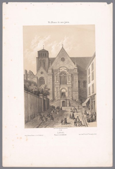 Pohled na katedrálu Sainte-Trinité v Laval láva. Façade de la Cathédrale (název na objektu) Současná Francie (název série) La France de nos jours (název série na objektu) od Isodore Laurent Deroy