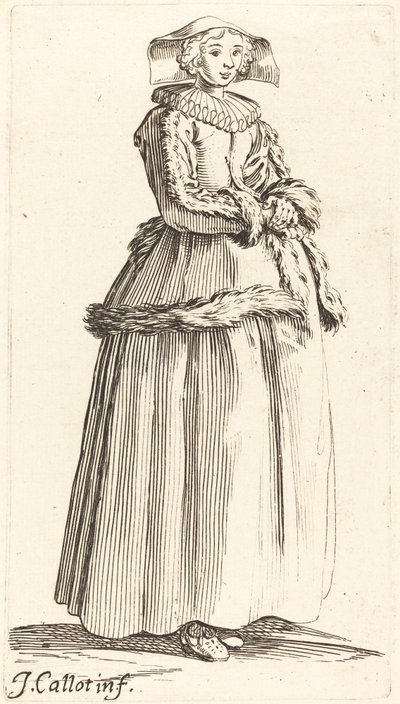 Mladá žena s rukama založenýma, čelí doprava od Israel Henriet after Jacques Callot