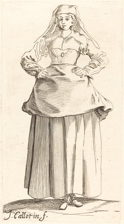 Mladá žena s rukama v bok, pohled zepředu od Israel Henriet after Jacques Callot