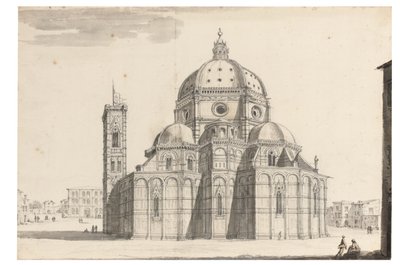 Duomo a Campanile, Florencie (černá křída, pero a šedý inkoust, hnědá a šedá barva na papíře s vodoznakem) od Israel the Younger Silvestre
