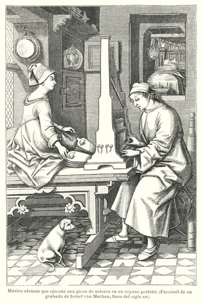 Německý hudebník hrající na přenosné varhany, konec 15. století (litho) od Israel van (after) Mecken