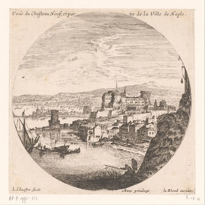 Pohled na Castel Nuovo Veue du Chasteau neuf et partie de la Ville de Neapol (název na objektu) Různé pohledy na námořní přístavy (název série) Různé veues de Ports de mer (název série) od Israël Silvestre