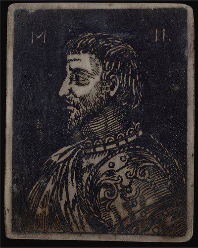 Busta vousatého muže se zdobeným prsním plátem směřujícím doleva od Italian 16th Century