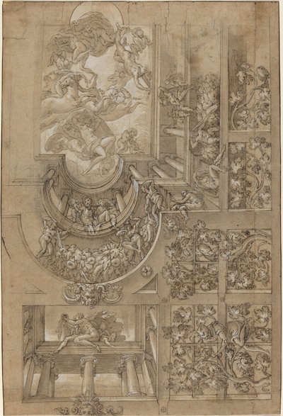 Iluzionistický strop s hroznovým altánem, figury na galeriích a centrální scéna olympských bohů od Italian 16th Century