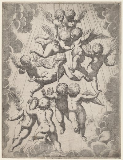 Skupina andělů v slávě od Italian 17th Century, after Guido Reni, after Luca Cambiaso
