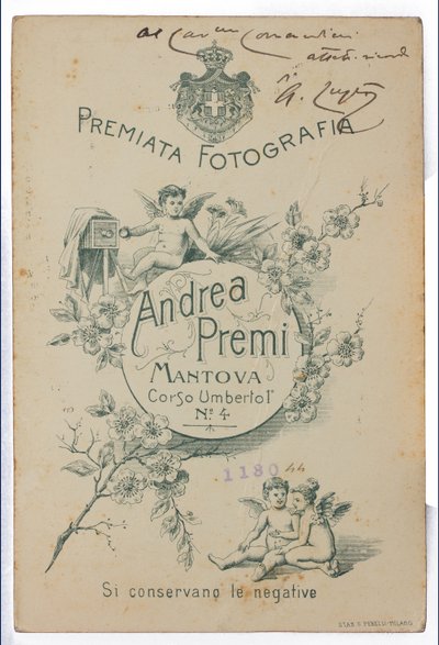 Zadní strana pohlednice zobrazující malíře Albana Lugliho od Italian Photographer