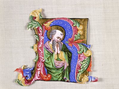 A Praying Saint, velká historická iniciála R, kolem 1400 (historická iniciála, vystřižená z antifonálu na pergamenu) od Italian School