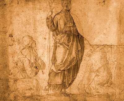 Světec se dvěma klečícími ženami (červená křída na papíře) od Italian School
