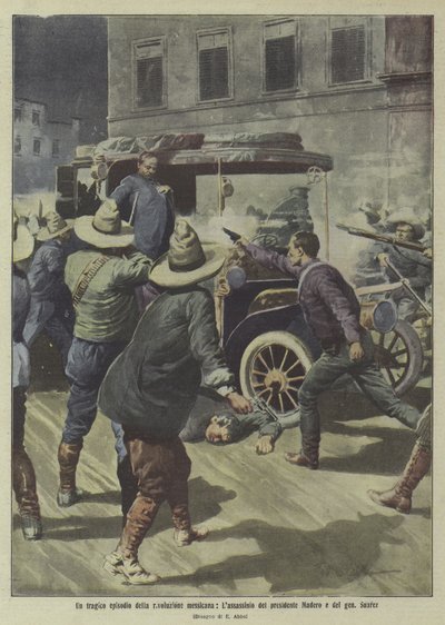 Tragická epizoda mexické revoluce: atentát na prezidenta Madera a generála Suáreze (barevná litografie) od Italian School