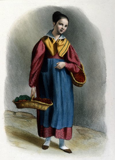 Mladá potulná prodavačka jahod. Milánská metier rytina Locarna z roku 1830. od Italian School