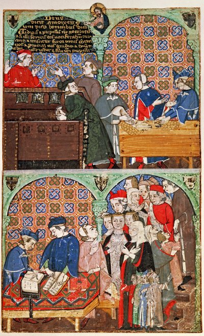 Přidat 27695 f.8 Počítání peněz a vyplácení mezd, z Pojednání o neřestech (vellum) od Italian School