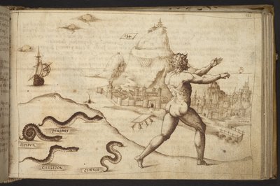 Přidat. 82955, f.133   Hadi pronásledují lidskou postavu.  , z Historia Animalium, (skládající se z 245 kreseb perem a inkoustem různých druhů zvířat a bájných tvorů, každý doplněný popisem.)    1595 od Italian School