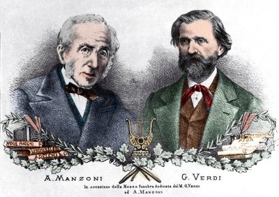 Alessandro Manzoni a Giuseppe Verdi u příležitosti Messa da Requiem (barevná rytina) od Italian School