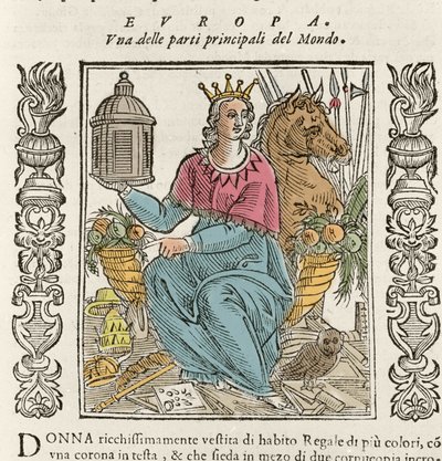 Alegorie Evropy v podobě bohatě oděné ženy, korunované, obklopené rohy hojnosti. Talíř převzat z "" Iconologia "" Cesare Ripa (1550, kolem roku 1622) od Italian School
