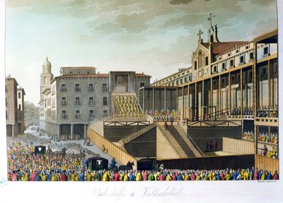 Auto da Fe ve Valladolidu, z Le Costume Ancien et Moderne od Julese Ferraria, ryté Bramati a Raineri, vydáno v Miláně, kolem roku 1820 od Italian School