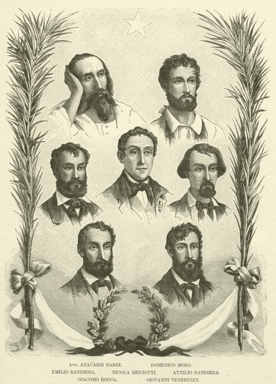 Avv Anacarsi Nardi, Domenico Moro, Emilio Bandiera, Nicola Ricciotti, Attilio Bandiera, Giacomo Rocca, Giovanni Venerucci (rytina) od Italian School