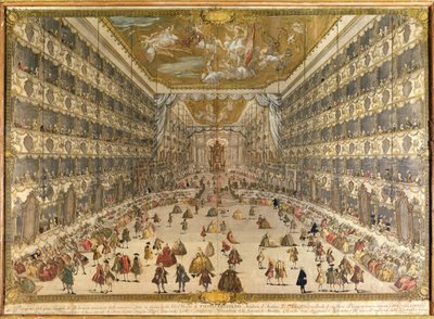 Ples na počest narození arcivévody Pietra Leopolda Rakouského, v Ducal Theatre of Milan dne 28. května 1747 (barevná rytina) od Italian School